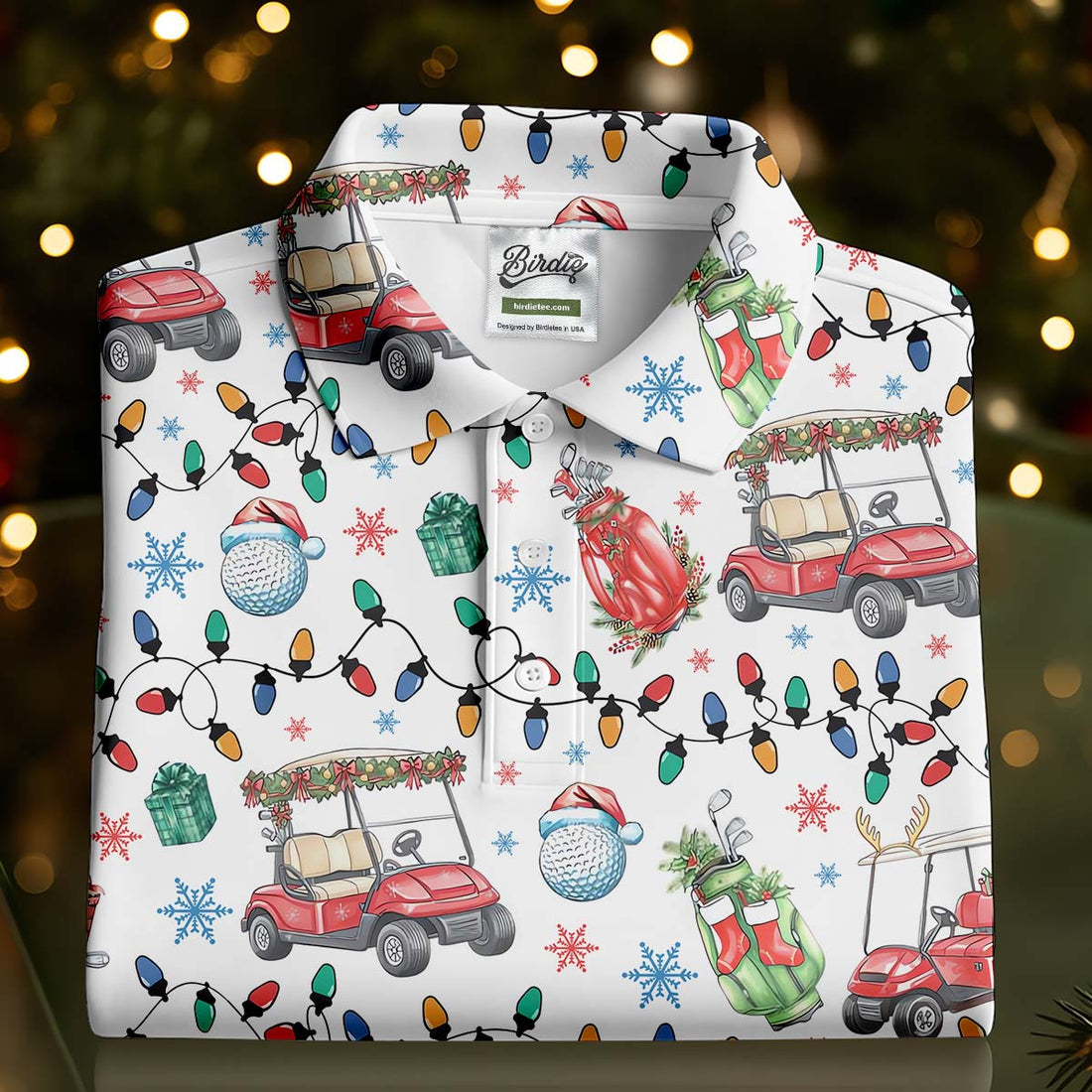 Golf Cart Christmas Lights Women's Golf Tops, Christmas Golf Shirt, Ladies Golf Polos, Golf Lover Xmas Gift