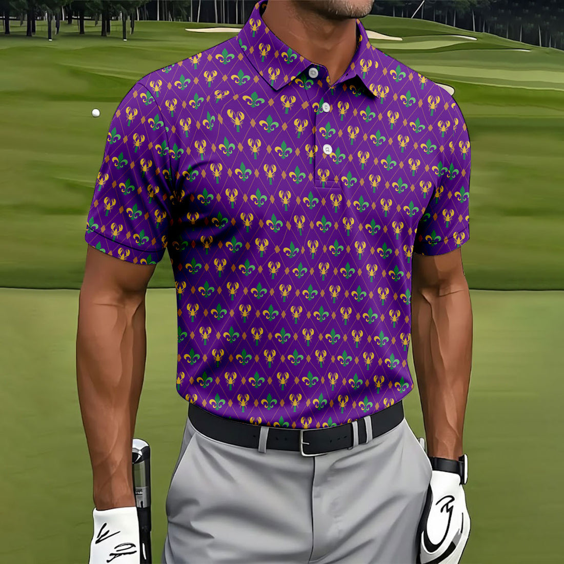 Crawfish Fleur De Lis Argyle Pattern Mardi Gras Golf Shirt, Golf Tops For Men, Golf Shirts For Men