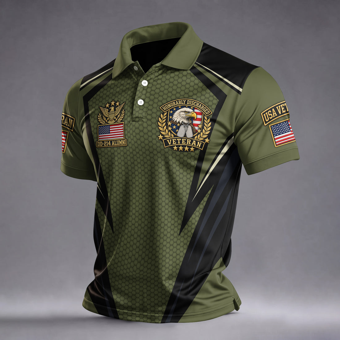 DD-214 Olive Hexagon Golf Polo Shirt, Golf Apparel For Men, Veterans Day Golf Shirt