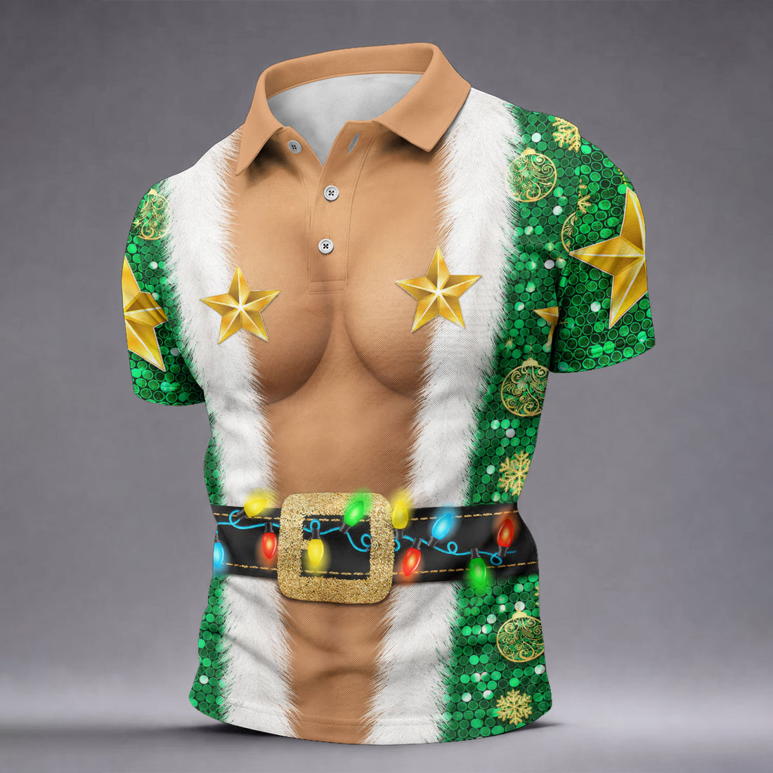 Green Santa Gold Stars Christmas Golf Polo Shirt, Mens Golf Shirts, Mens Polo Shirts