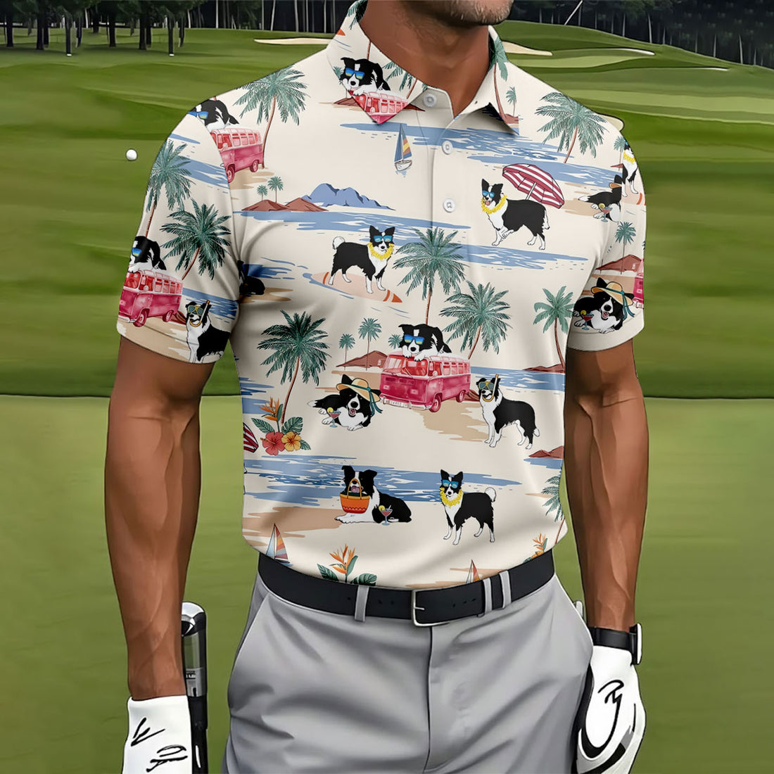 Tropical Border Collie Beach Hawaiian Golf Polo Shirt, Golf Polo Shirts For Men, Mens Polo Shirts
