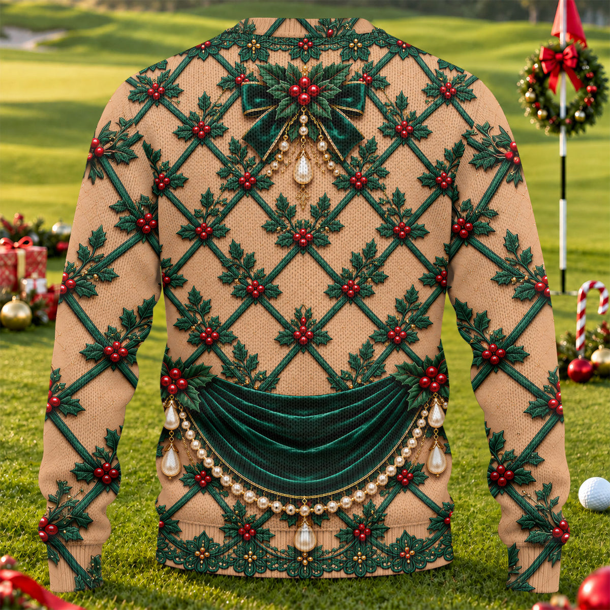 Green Holly Pearls Ugly Christmas Sweater, Christmas Golf Gift, Ugly Sweater Party