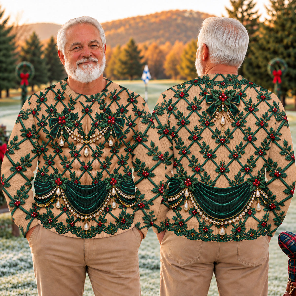 Green Holly Pearls Ugly Christmas Sweater, Christmas Golf Gift, Ugly Sweater Party