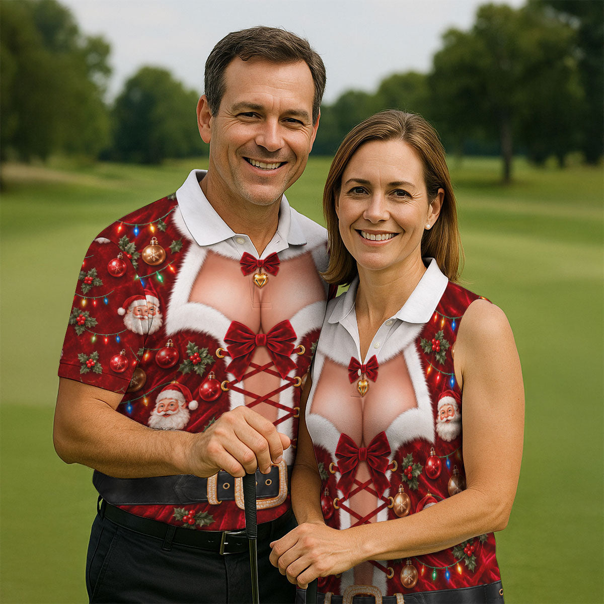 Santa Print Lace Up Corset Christmas Golf Shirt, Golf Gifts For Men, Mens Golf Polo