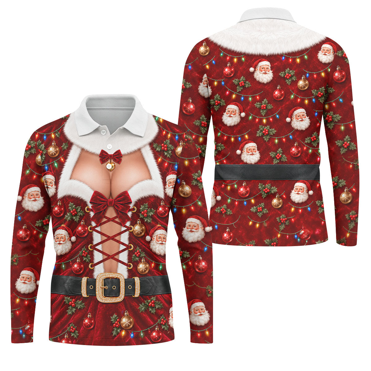 Santa Print Lace Up Corset Christmas Golf Shirt, Golf Gifts For Men, Mens Golf Polo
