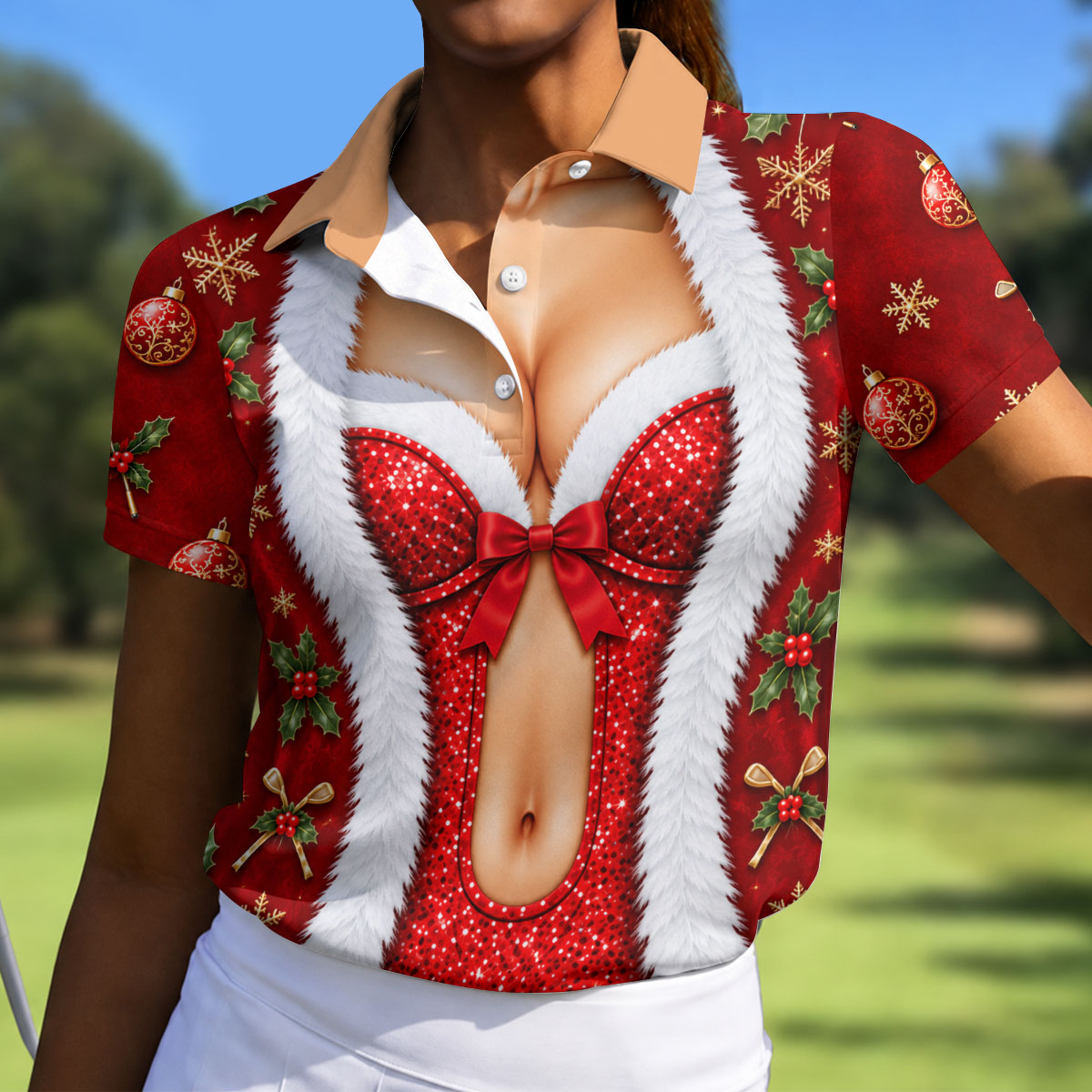 Red Sequin Fur Corset Christmas Golf Shirt, Womens Golf Apparel, Womens Golf Tops