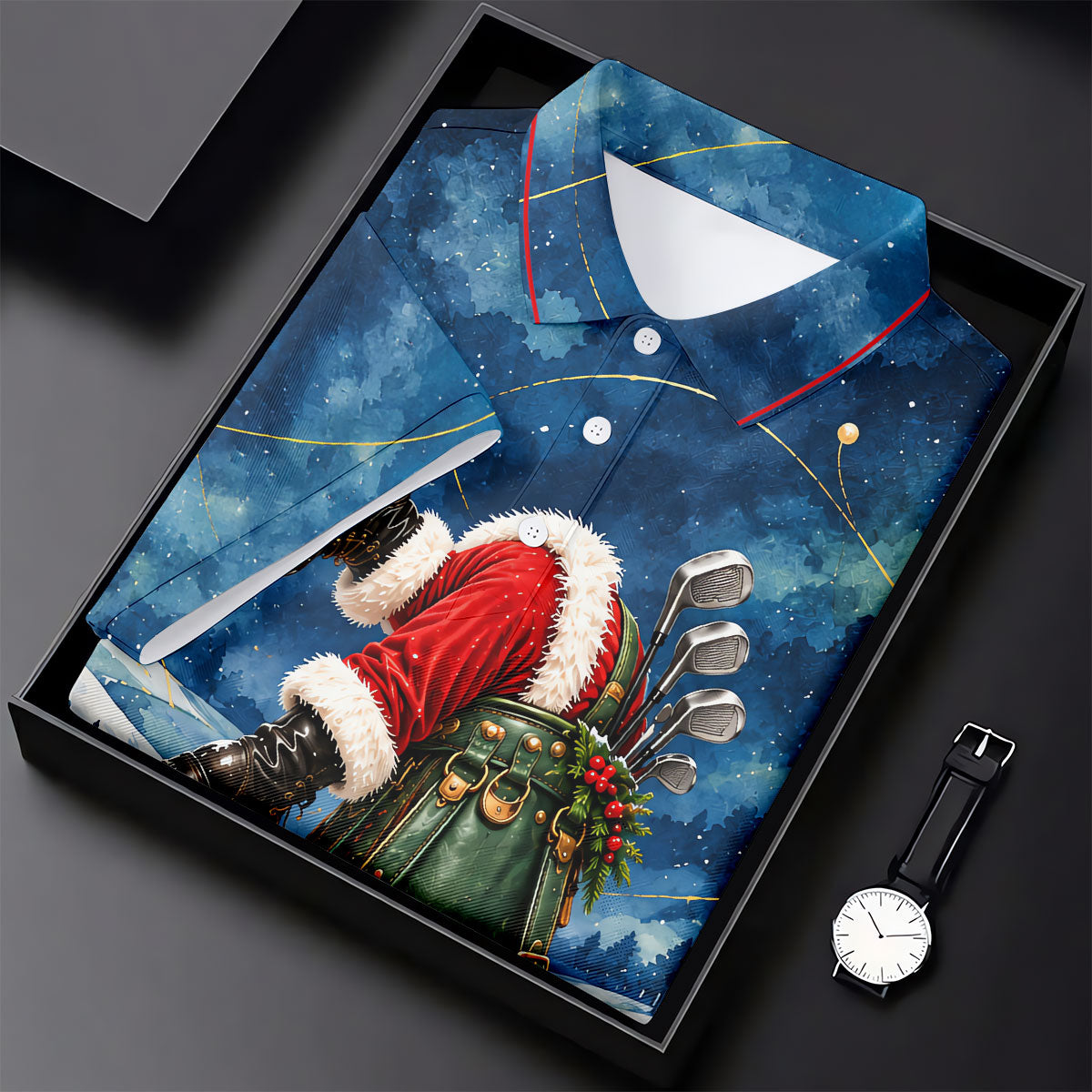 Blue Santa Golf Bag Christmas Golf Shirt, Golf Shirts For Women, Ladies Golf Shirts