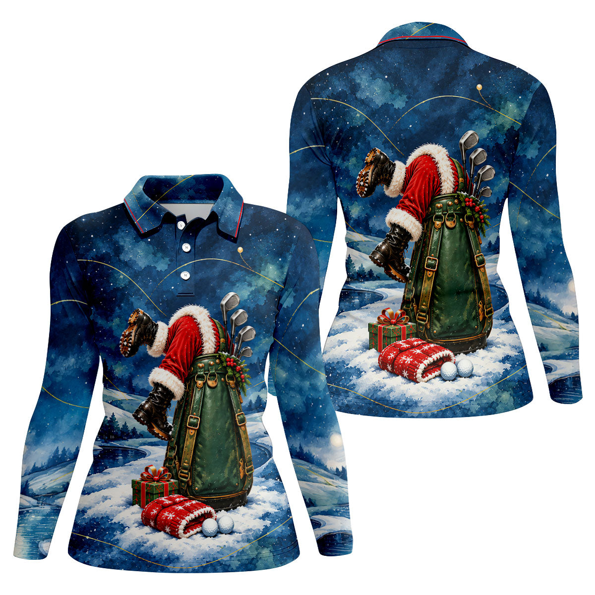 Blue Santa Golf Bag Christmas Golf Shirt, Golf Shirts For Women, Ladies Golf Shirts