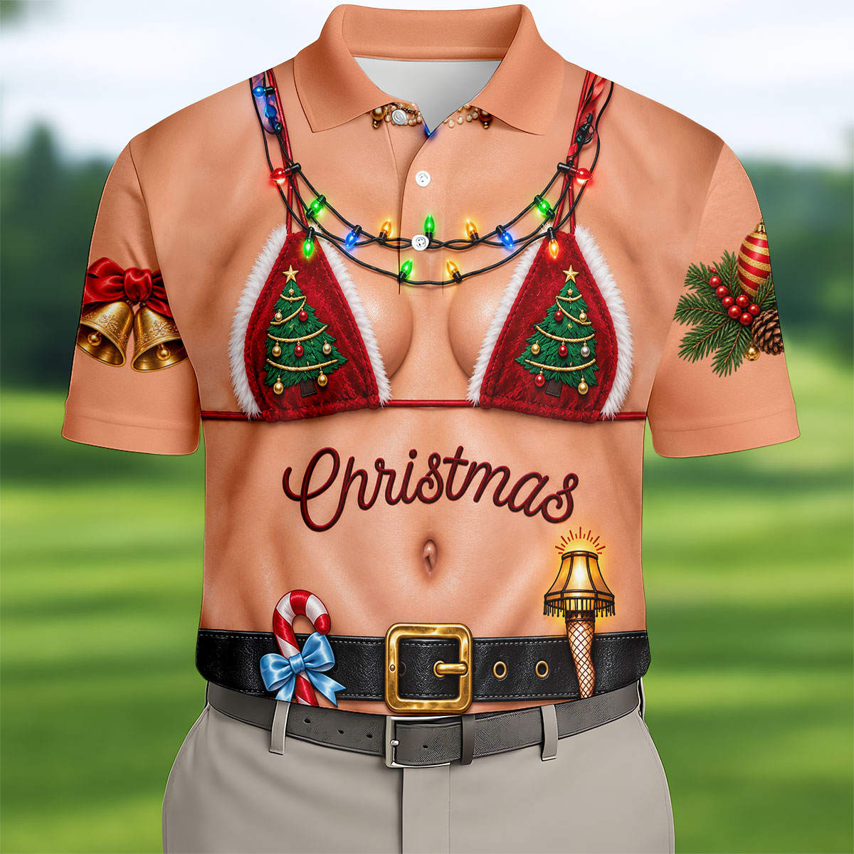 Xmas Tree Bikini Lights Christmas Golf Shirt, Mens Golf Clothing, Mens Golf Shirts