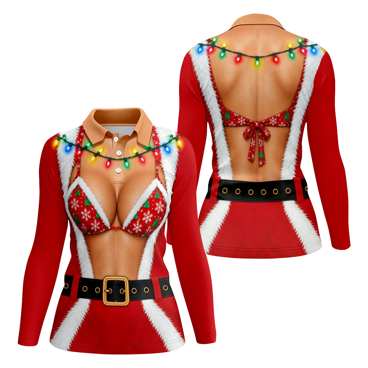 Santa Coat Bikini Lights Christmas Golf Shirt, Ladies Golf Tops, Womens Golf Apparel