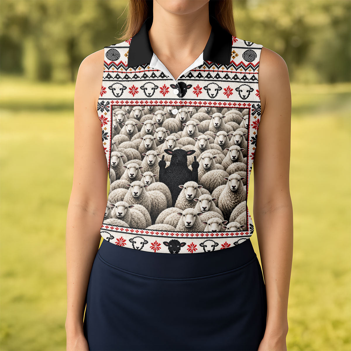 Black Sheep Fair Isle Christmas Golf Shirt, Ladies Golf Apparel, Golf Gifts For Women