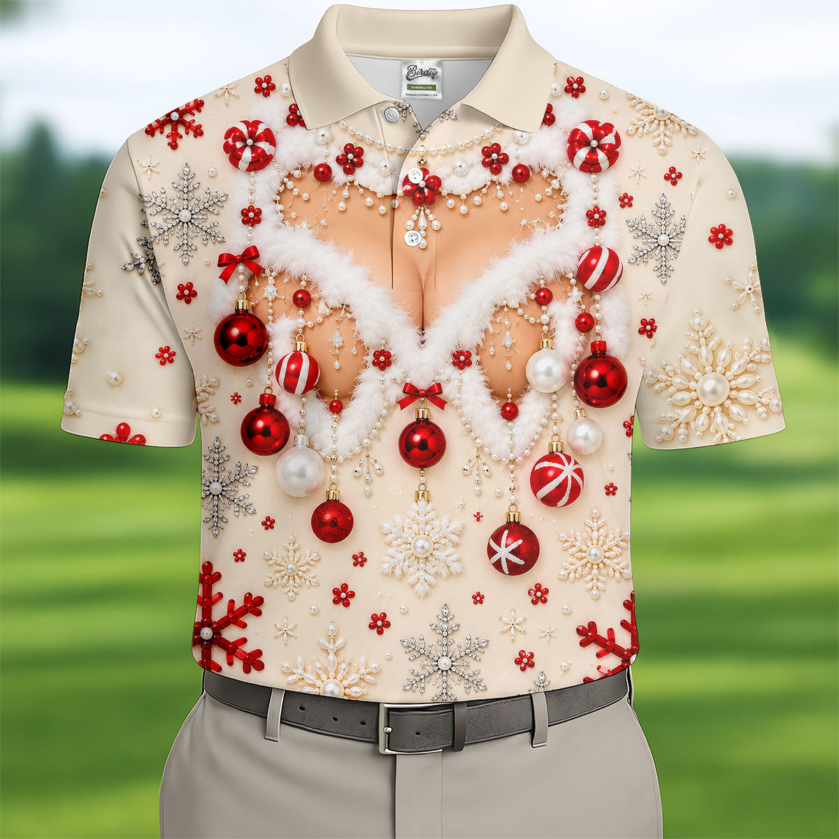 White Ornament Lace Bra Christmas Golf Shirt, Golf Polo For Men, Mens Golf Shirts