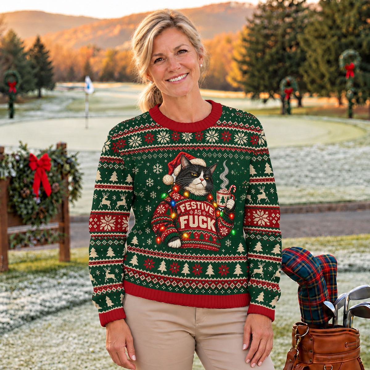 Ugly Christmas Sweater Festive Cat Lights, Ugly Sweater Party, Christmas Golf Gift