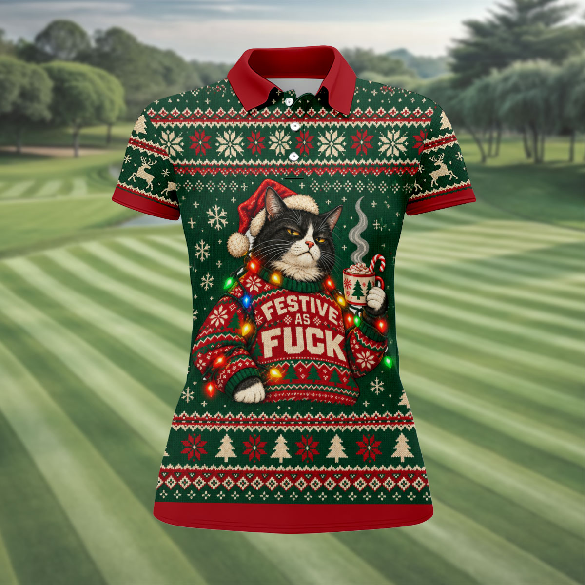 Festive Cat Lights Christmas Golf Shirt, Womens Golf Tops, Golf Shirts For Women
