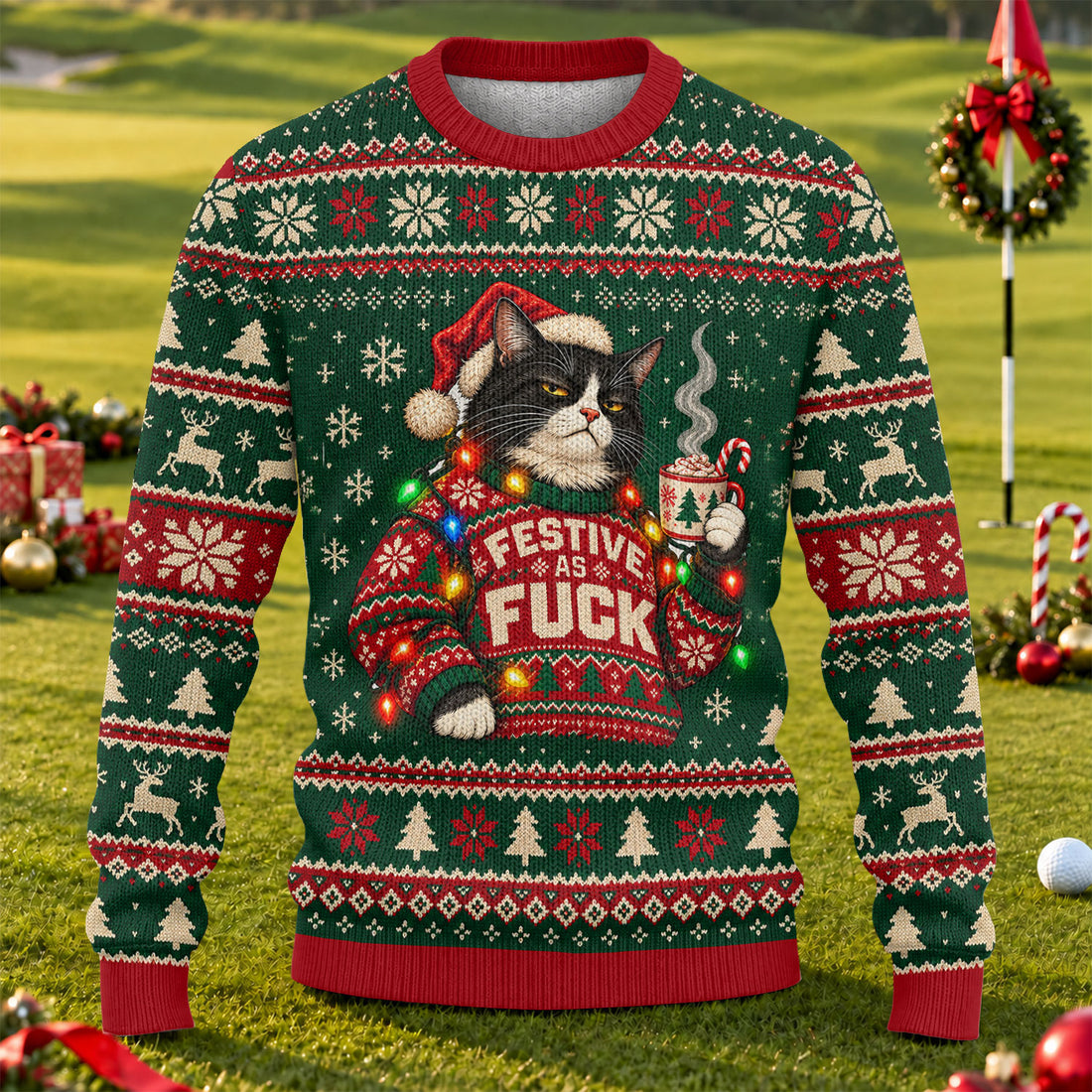 Ugly Christmas Sweater Festive Cat Lights, Ugly Sweater Party, Christmas Golf Gift