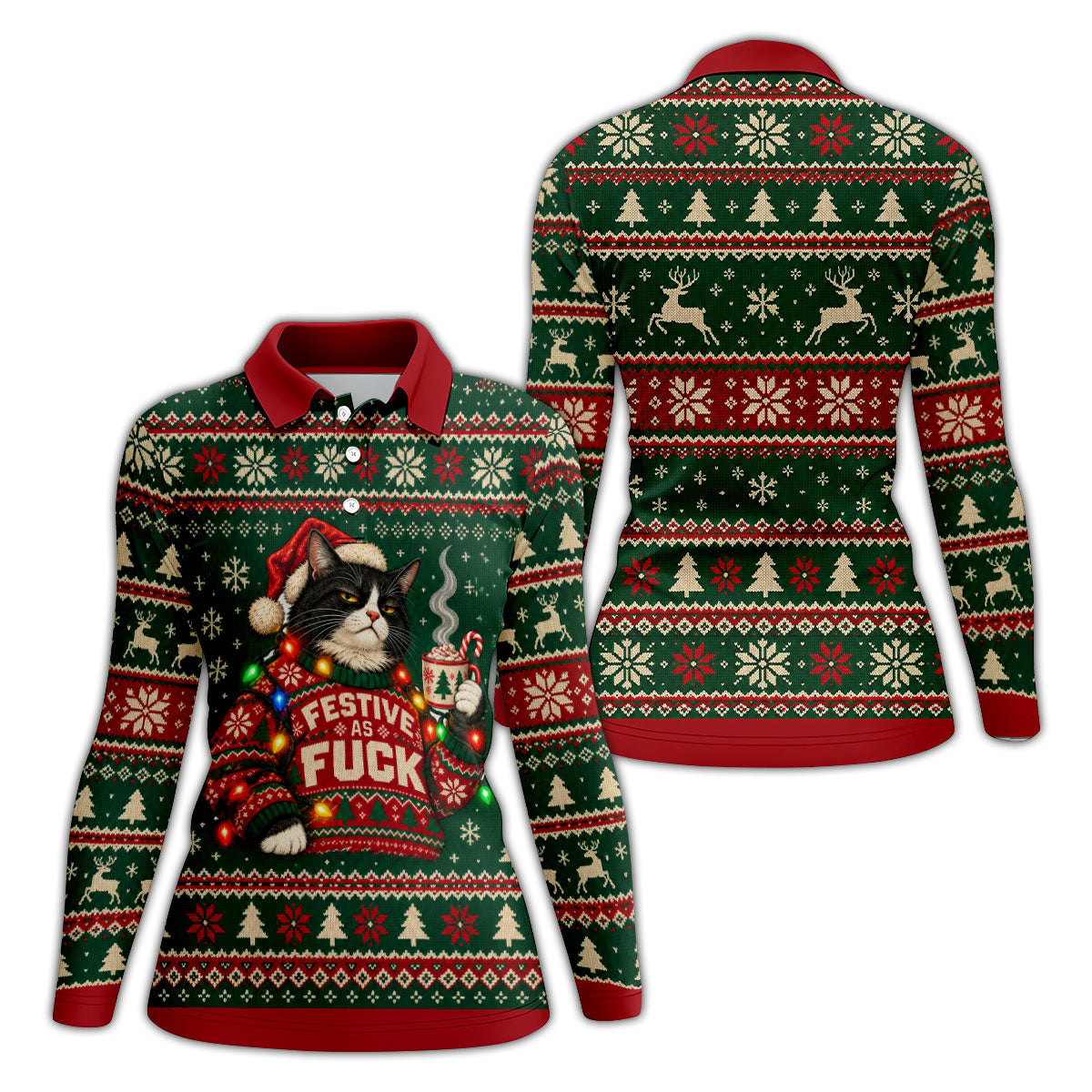Festive Cat Lights Christmas Golf Shirt, Womens Golf Tops, Golf Shirts For Women