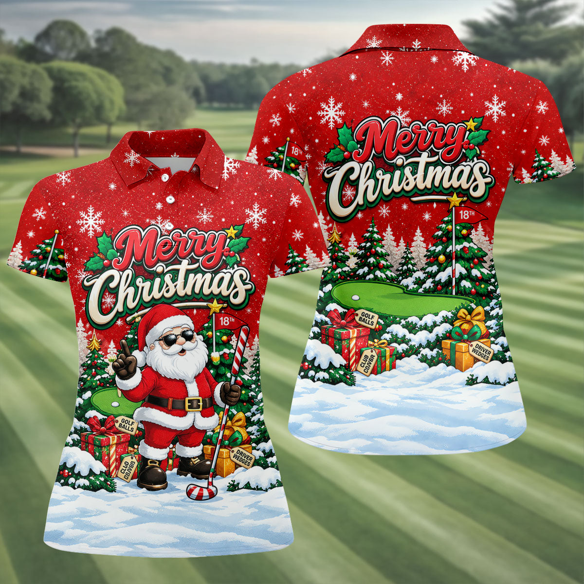 Retro Merry Christmas Script Christmas Golf Shirt, Womens Golf Tops, Ladies Golf Tops