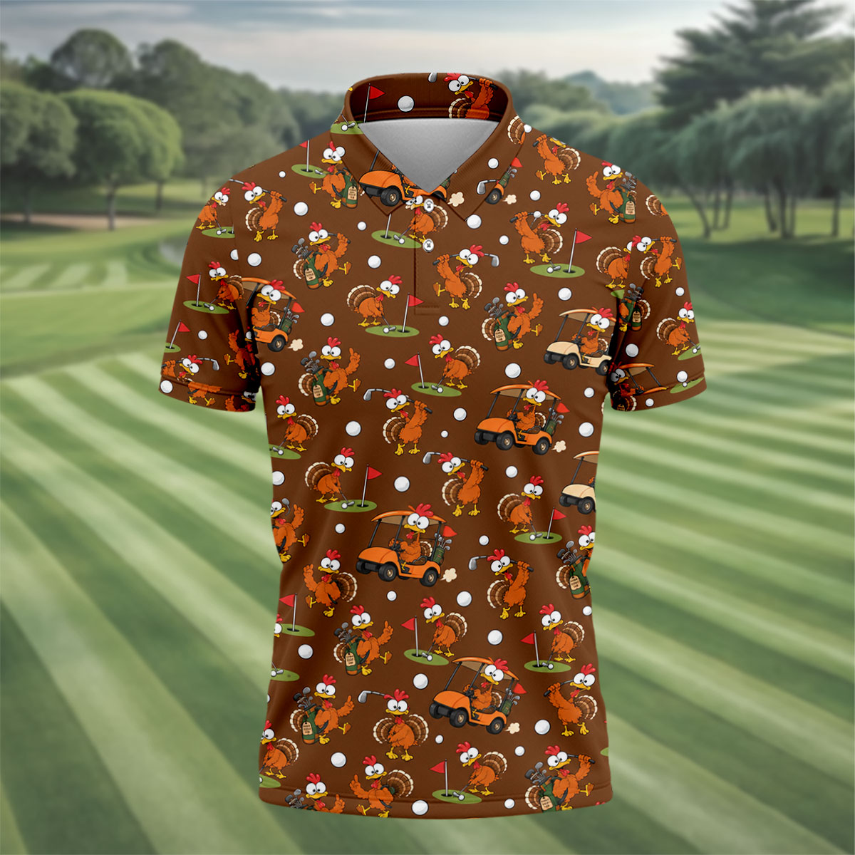 Golfgiving Turkey Cart Thanksgiving Golf Shirt, Mens Golf Polo, Golf Shirts For Men