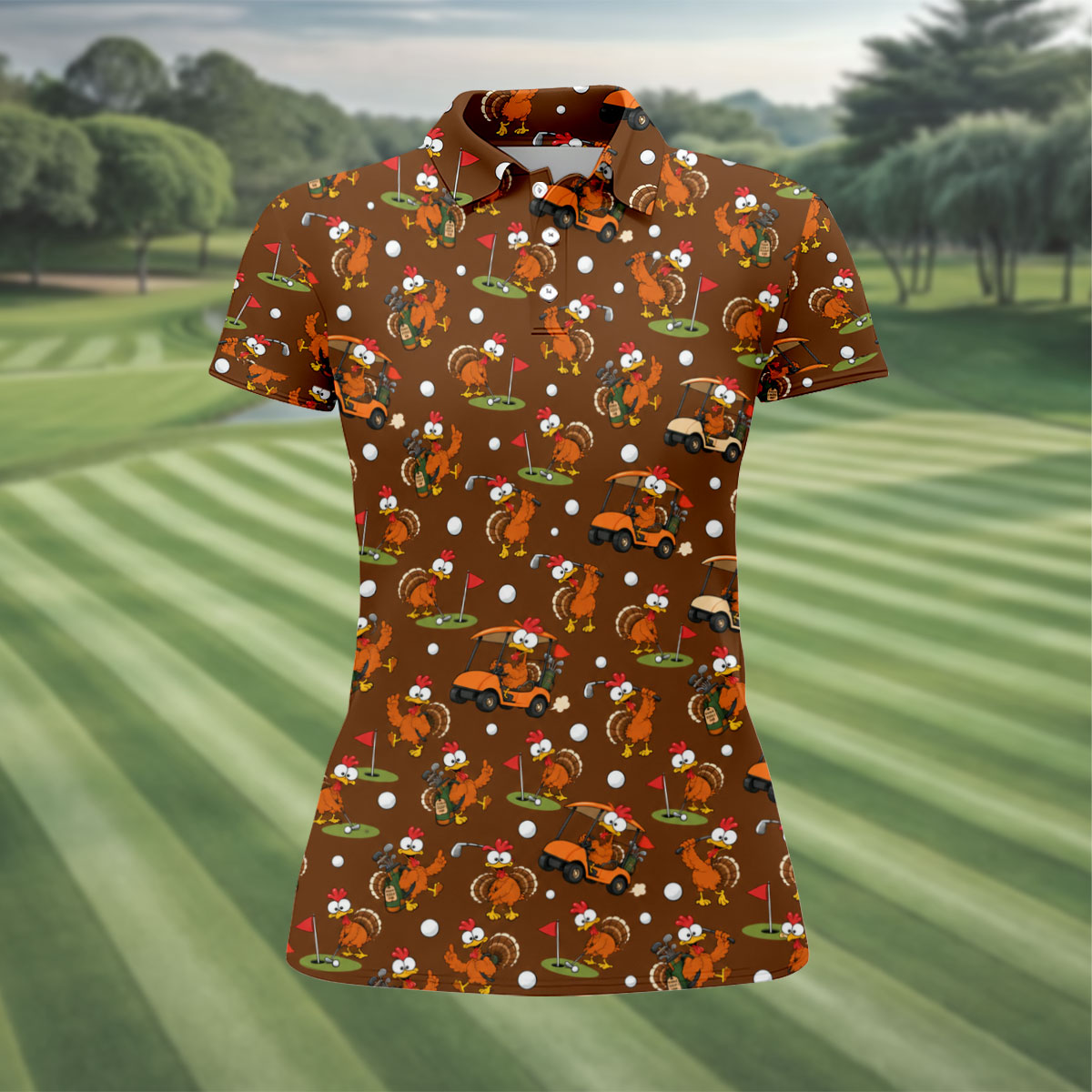 Golfgiving Turkey Cart Thanksgiving Golf Shirt, Womens Golf Tops, Ladies Golf Shirts