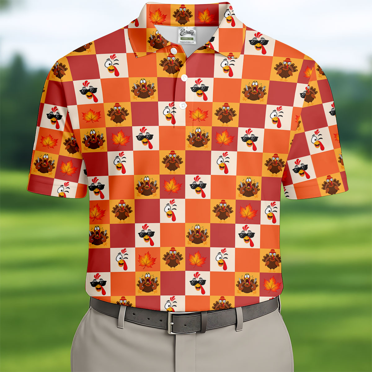 Thanksgiving Pumpkin Checker Turkey Golf Shirt, Mens Golf Polo, Golf Shirts For Men