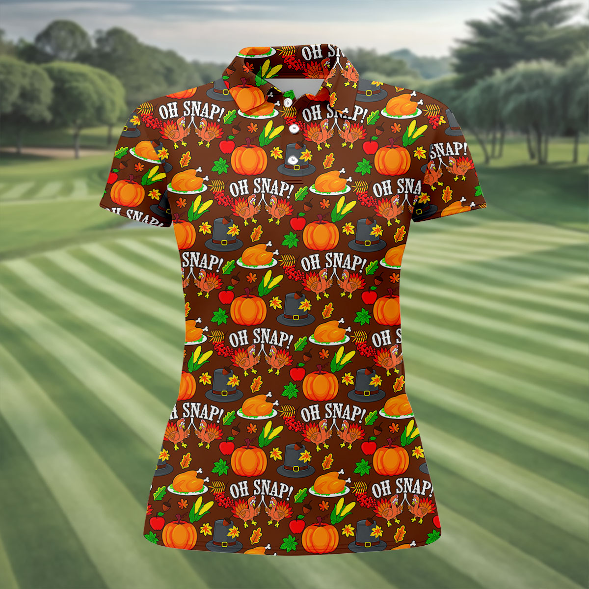 Thanksgiving Oh Snap Pumpkin Golf Shirt, Ladies Golf Shirts, Womens Golf Apparel