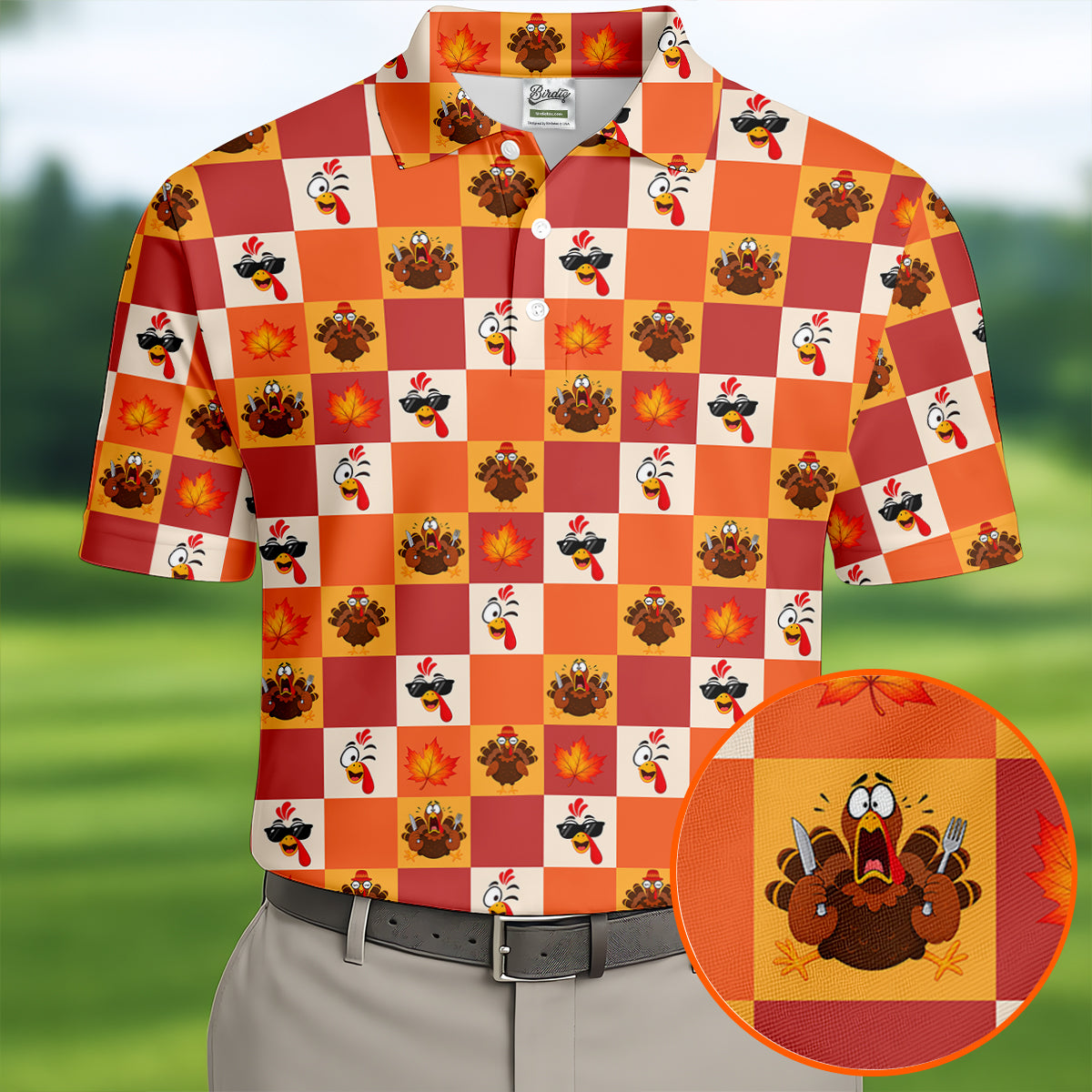 Thanksgiving Pumpkin Checker Turkey Golf Shirt, Mens Golf Polo, Golf Shirts For Men