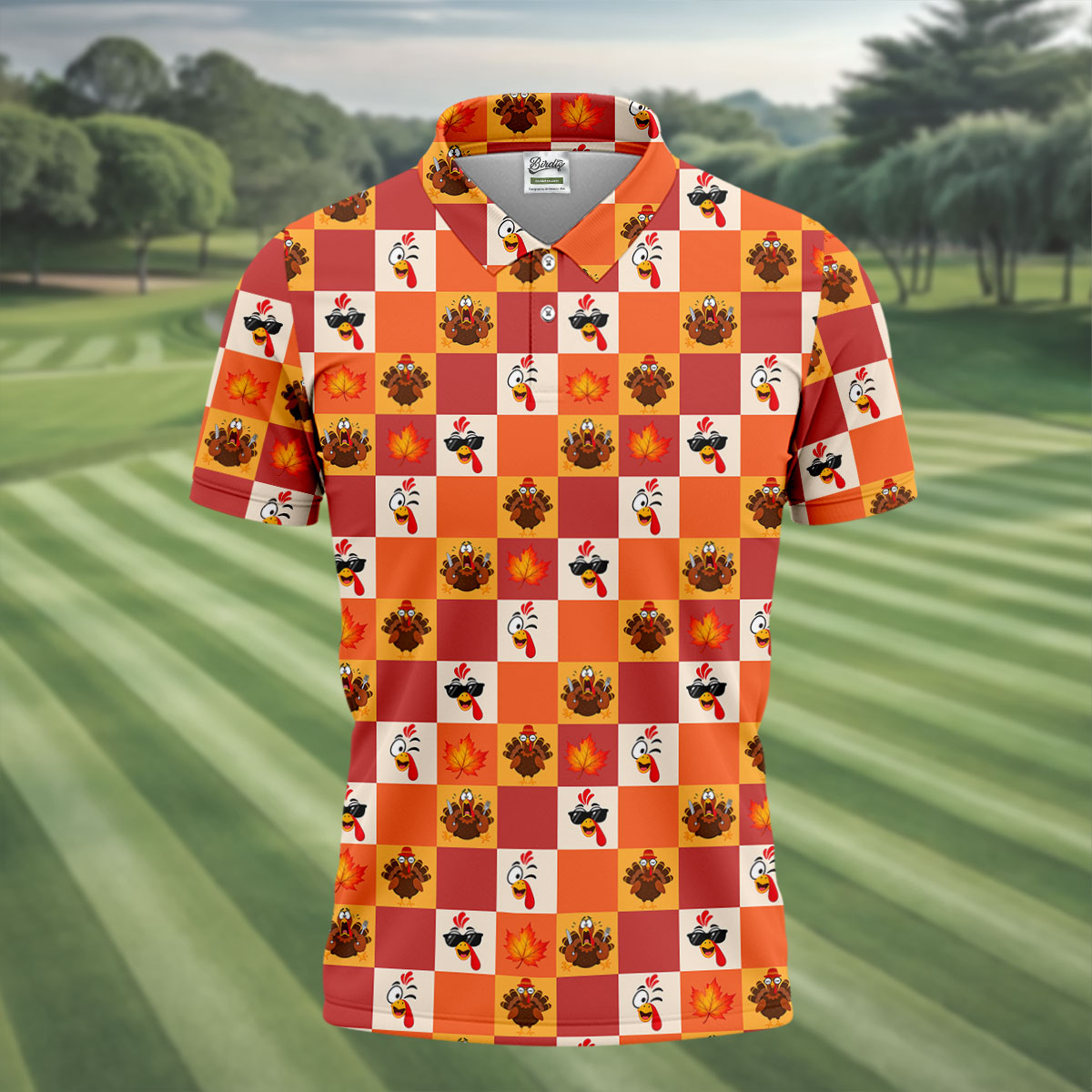 Thanksgiving Pumpkin Checker Turkey Golf Shirt, Mens Golf Polo, Golf Shirts For Men