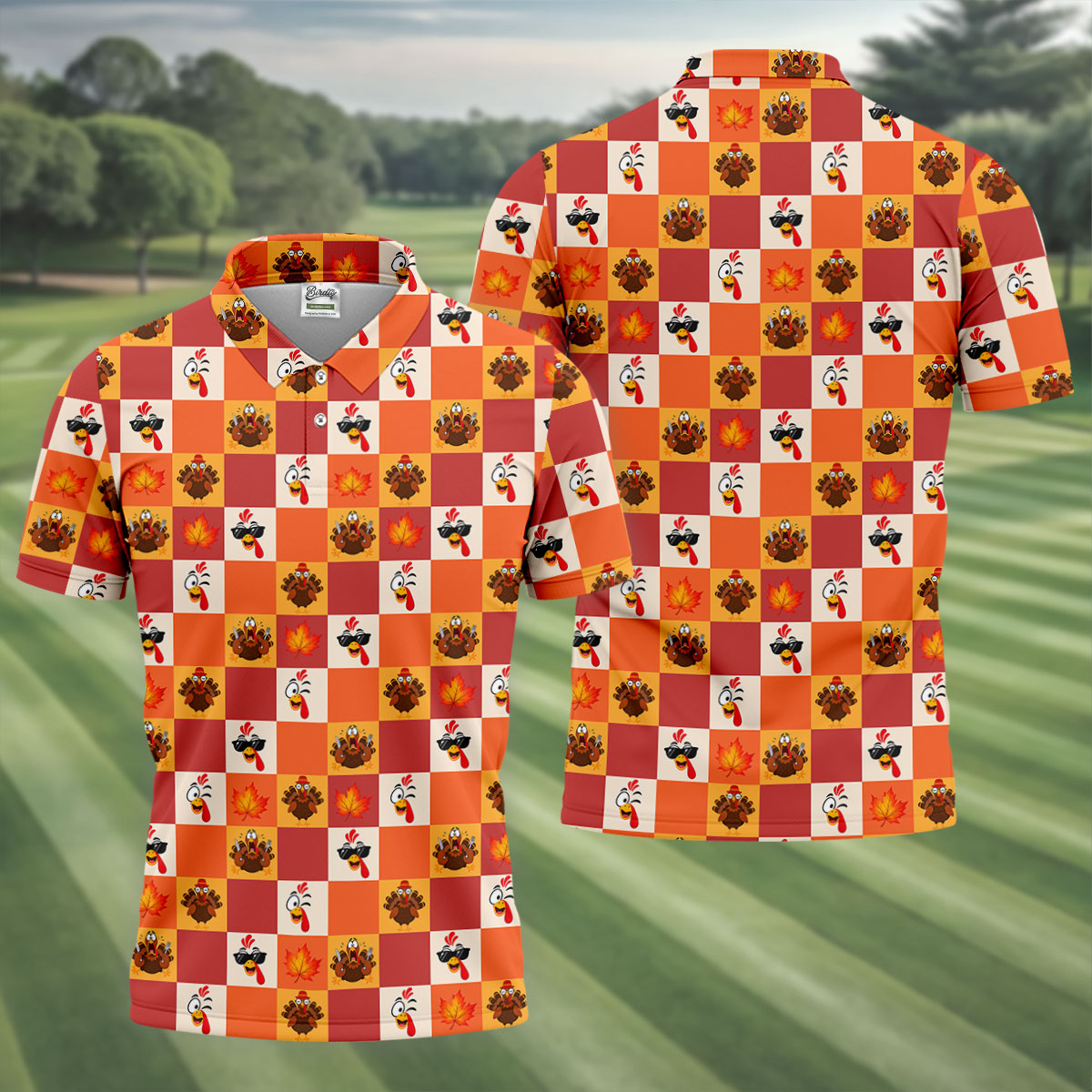 Thanksgiving Pumpkin Checker Turkey Golf Shirt, Mens Golf Polo, Golf Shirts For Men