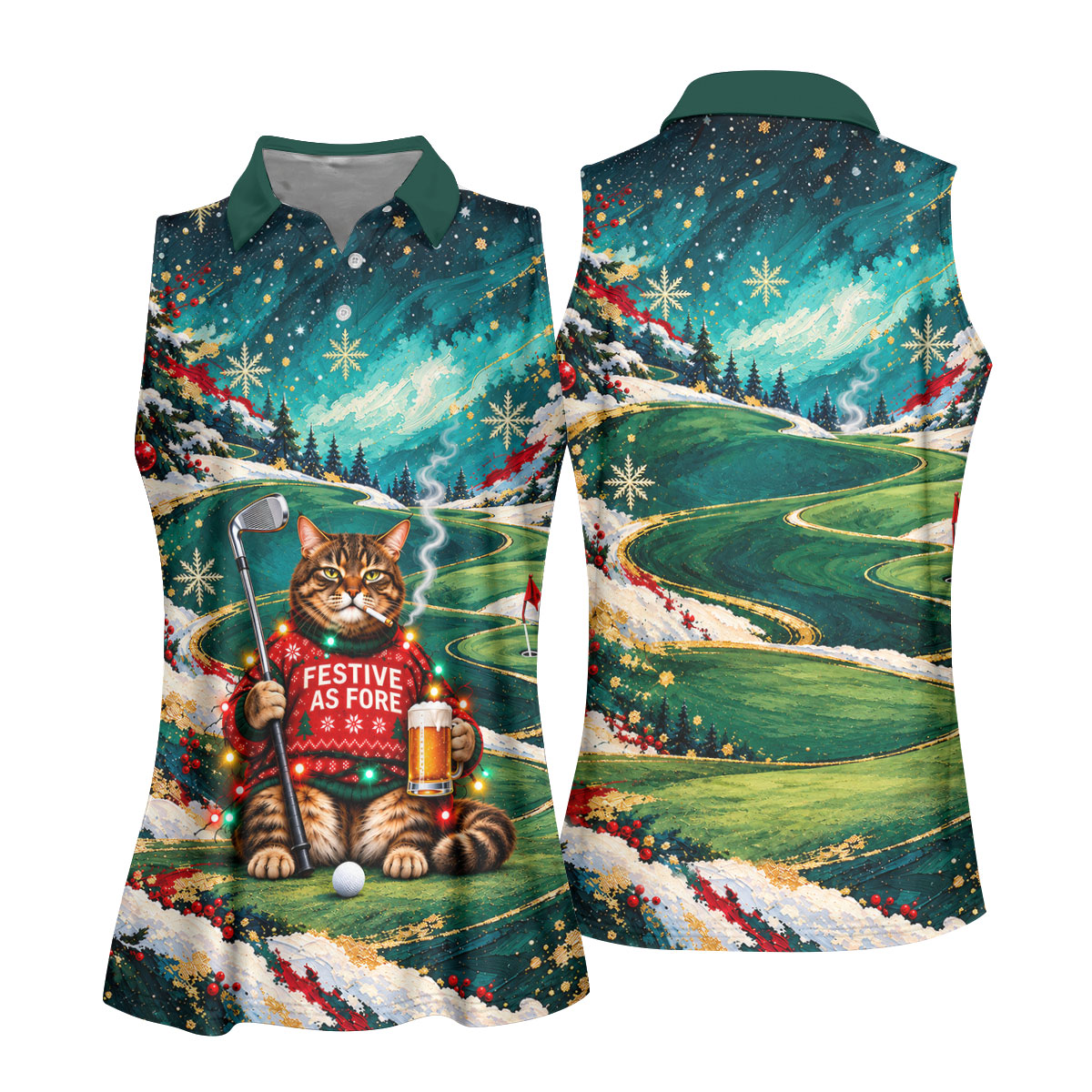 Aurora Cat Beer Christmas Golf Shirt, Womens Golf Apparel, Golf Shirts For Women