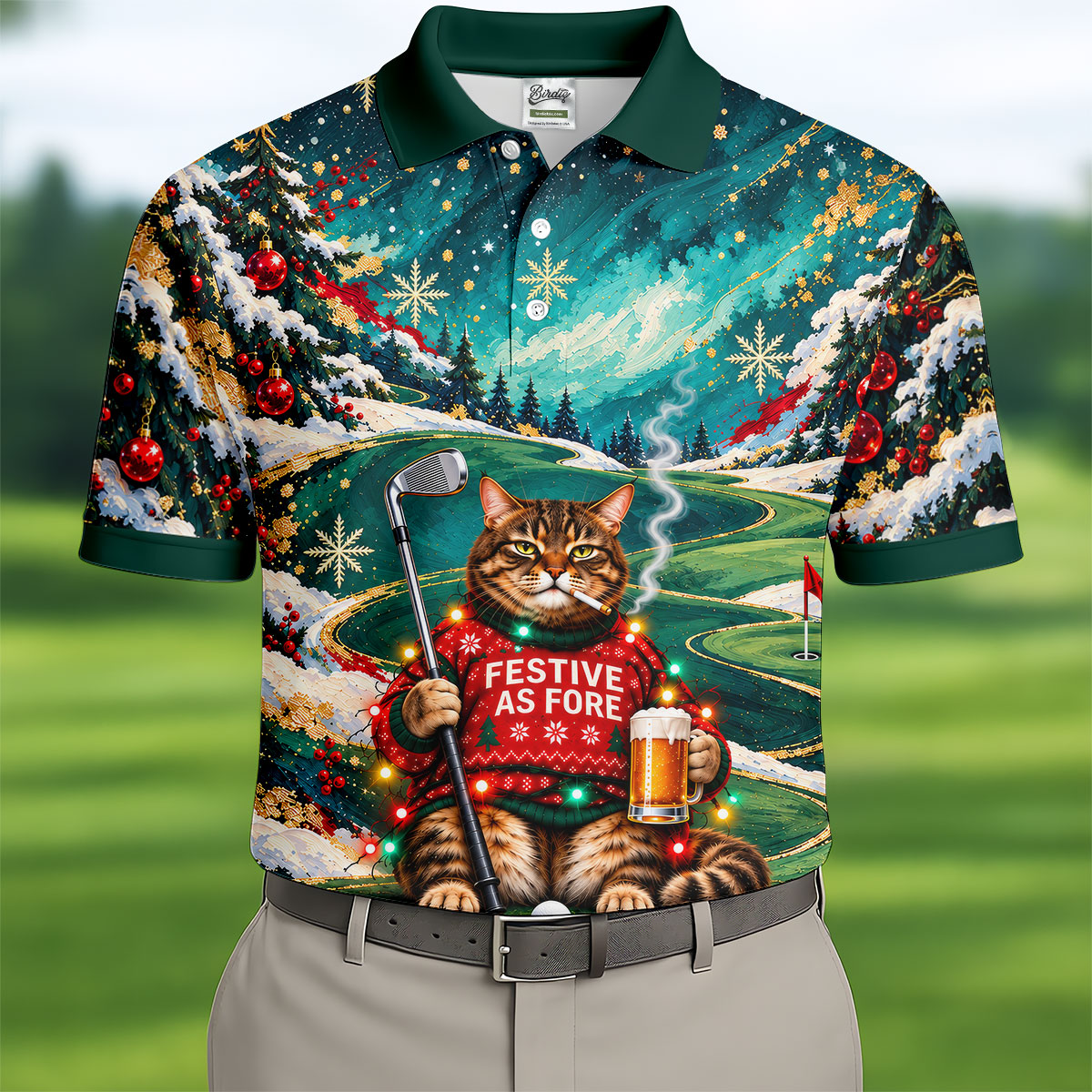 Aurora Cat Beer Christmas Golf Shirt, Mens Golf Shirts, Mens Holiday Golf Shirts