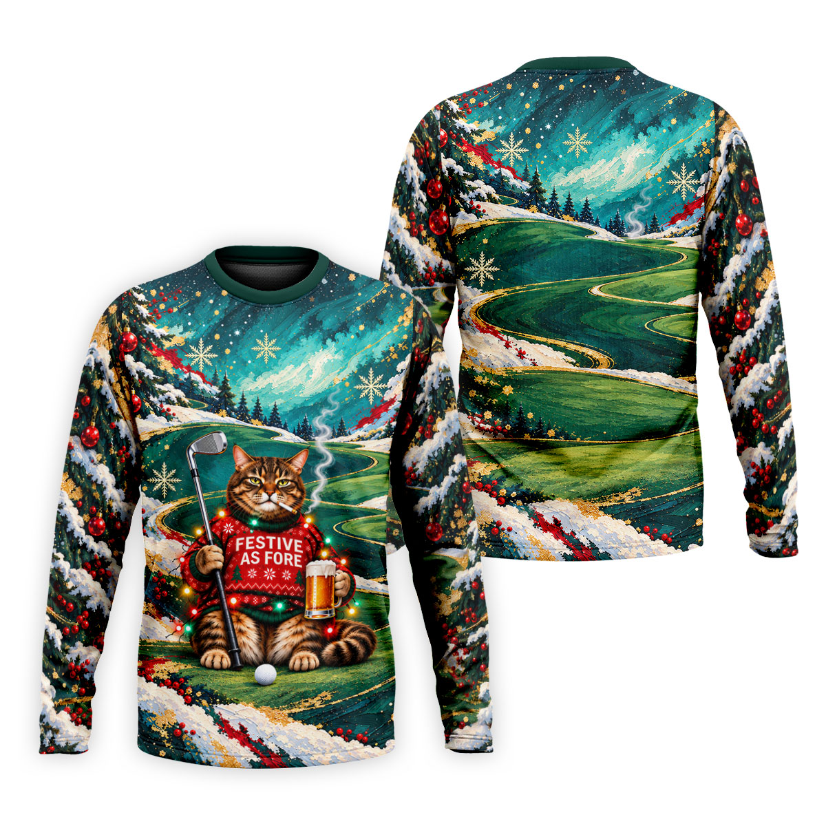 Aurora Cat Beer Christmas Golf Shirt, Mens Golf Shirts, Mens Holiday Golf Shirts