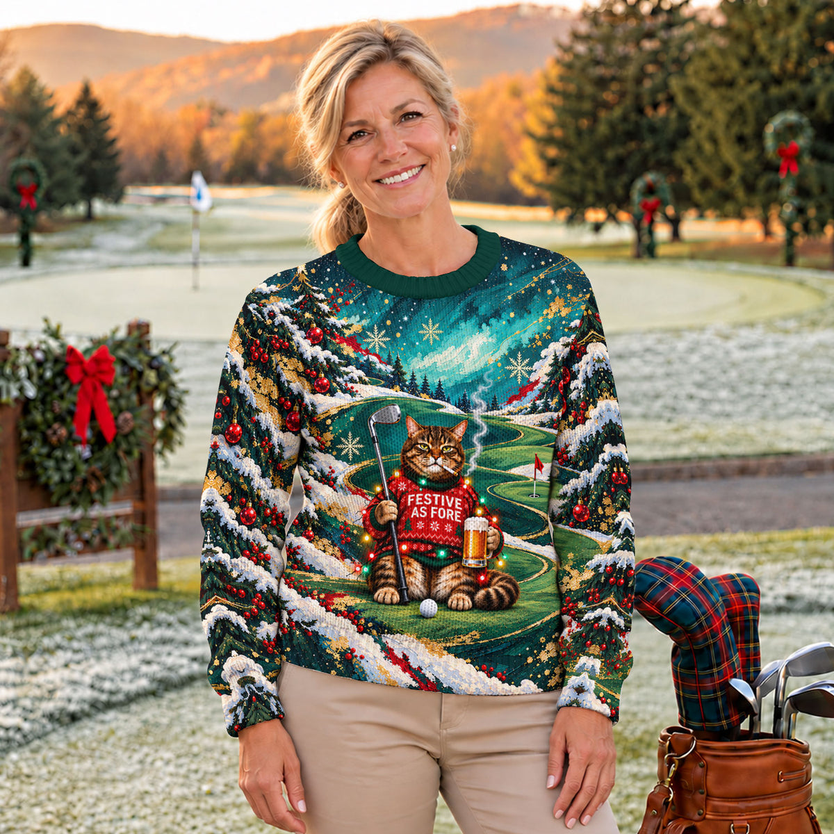 Ugly Christmas Sweater Aurora Cat Beer, Ugly Sweater Party, Holiday Party Sweater