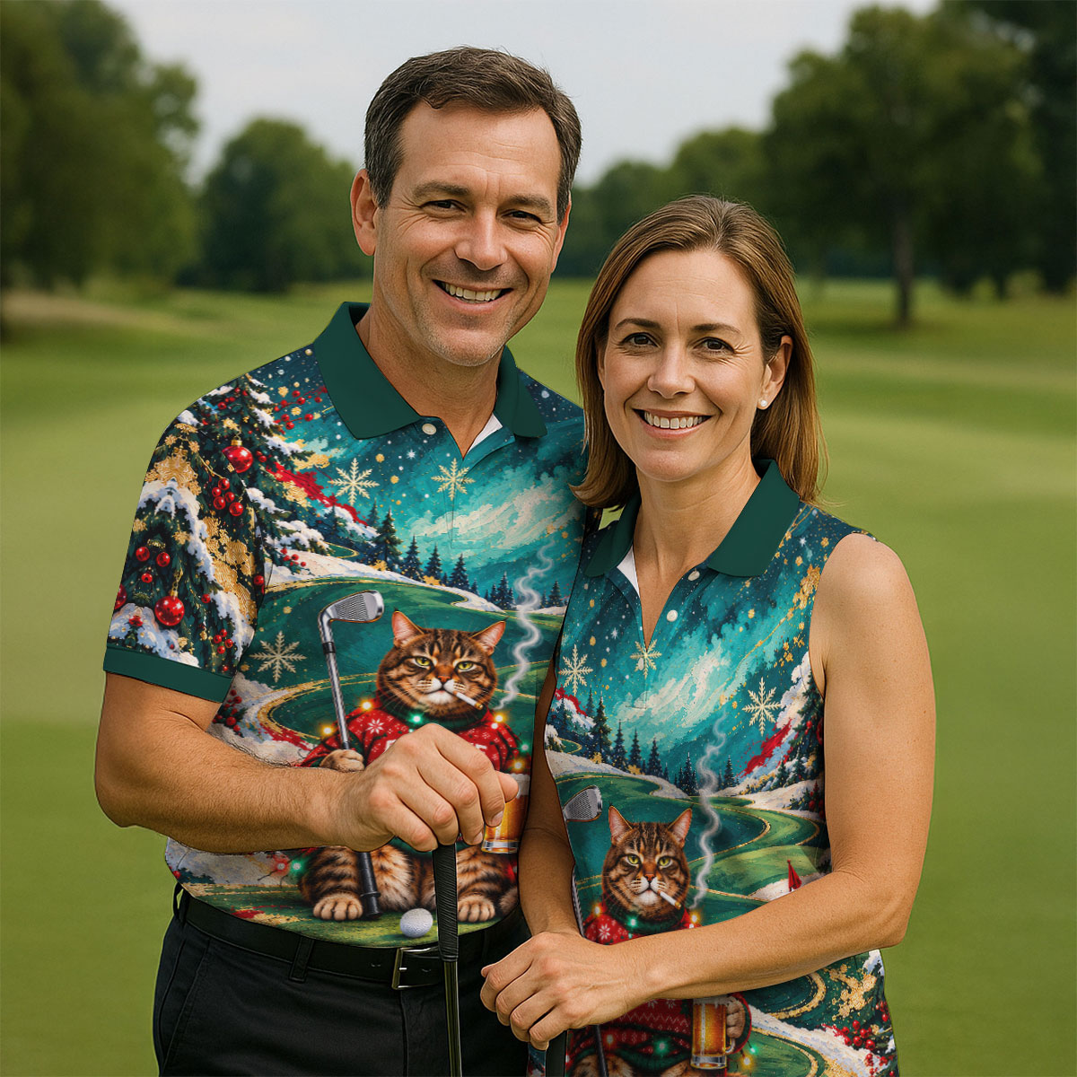 Aurora Cat Beer Christmas Golf Shirt, Mens Golf Shirts, Mens Holiday Golf Shirts