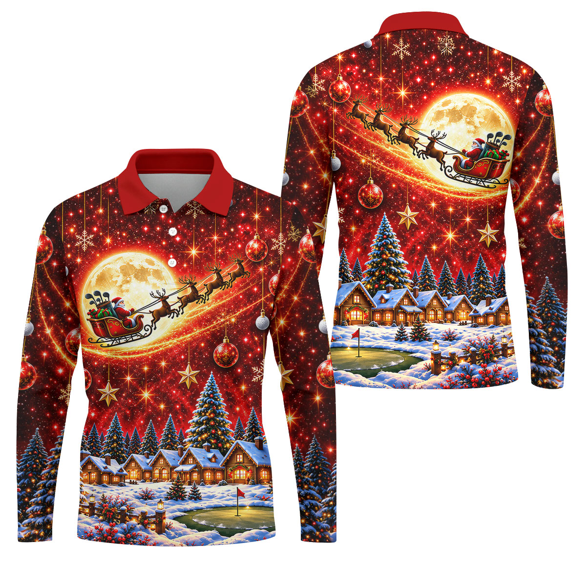 Santa Sleigh Comet Christmas Golf Shirt, Mens Golf Polo, Mens Holiday Golf Shirts