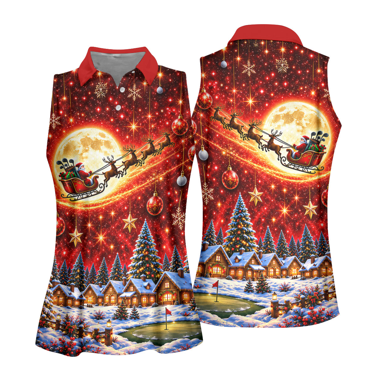 Santa Sleigh Comet Christmas Golf Shirt, Ladies Golf Shirts, Womens Golf Apparel