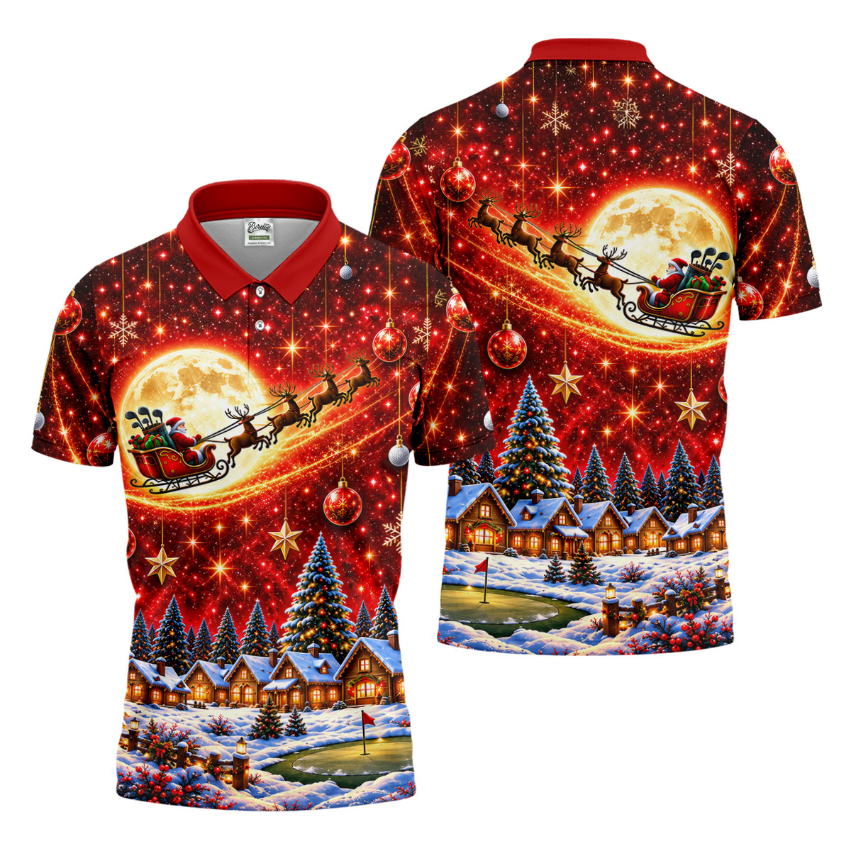 Santa Sleigh Comet Christmas Golf Shirt, Mens Golf Polo, Mens Holiday Golf Shirts