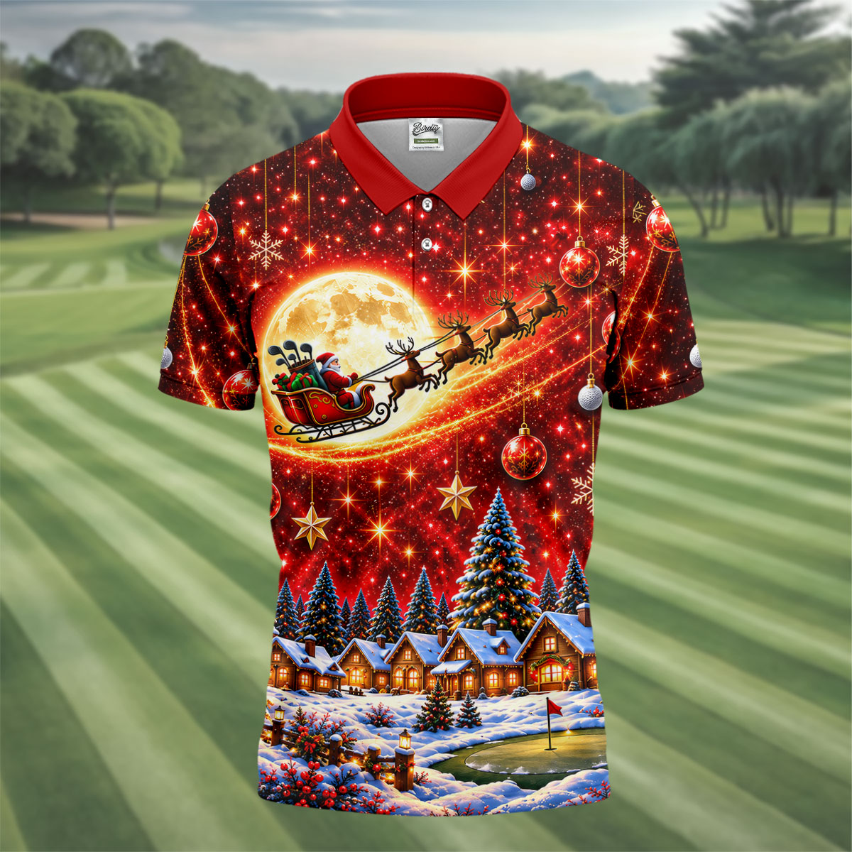 Santa Sleigh Comet Christmas Golf Shirt, Mens Golf Polo, Mens Holiday Golf Shirts