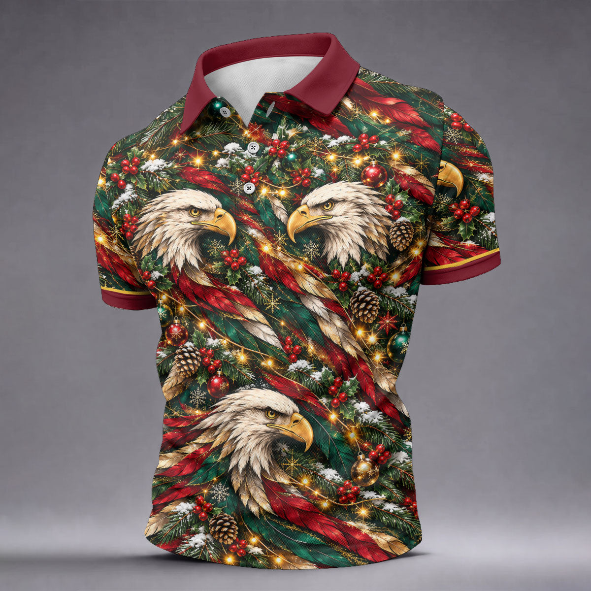 Eagle Pattern Christmas Golf Shirt, Golf Gifts For Men, Mens Holiday Golf Shirts