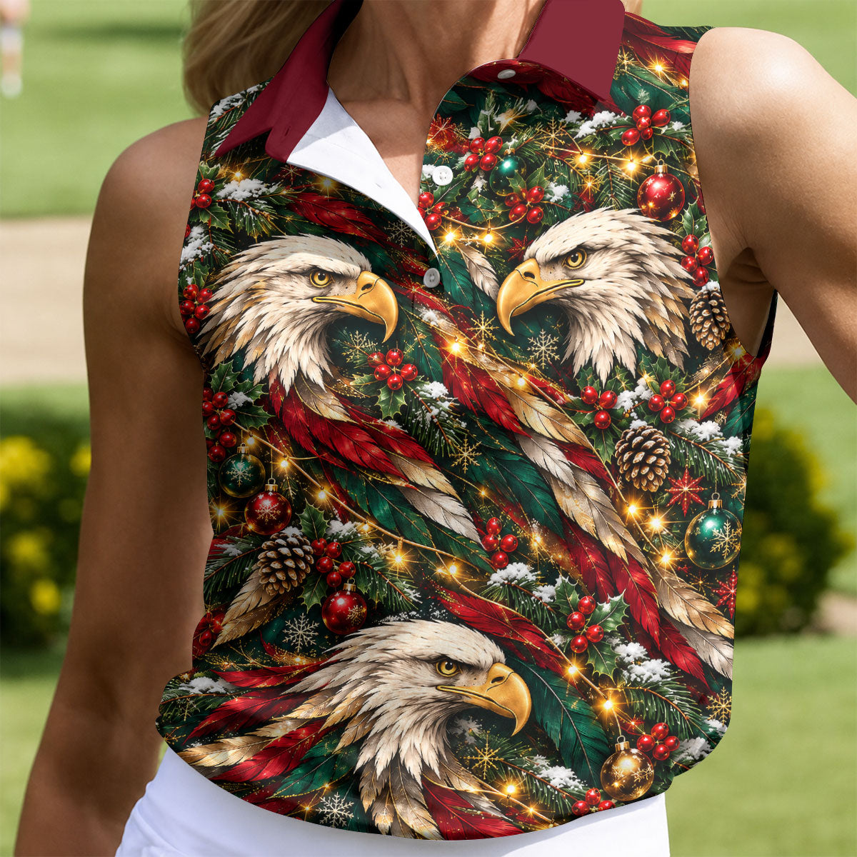Funny Eagle Pattern Christmas Golf Shirt, Womens Golf Tops, Womens Golf Clothing