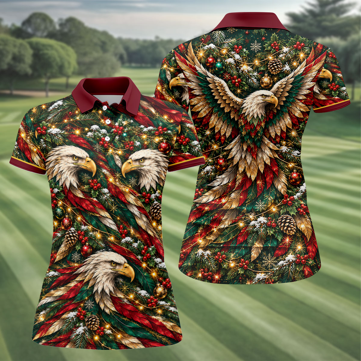 Funny Eagle Pattern Christmas Golf Shirt, Womens Golf Tops, Womens Golf Clothing