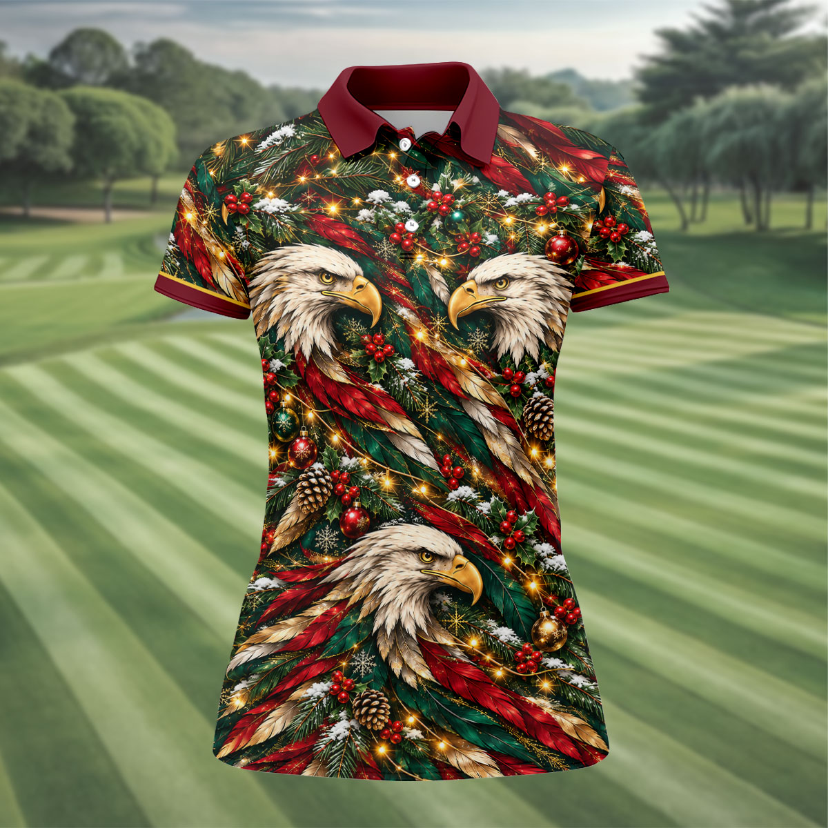 Funny Eagle Pattern Christmas Golf Shirt, Womens Golf Tops, Womens Golf Clothing