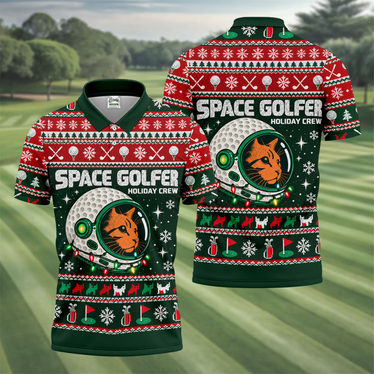 Space Golfer Christmas Golf Shirt, Funny Mens Golf Shirts, Mens Holiday Golf Shirts
