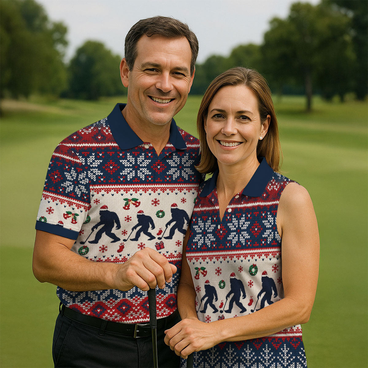 Bigfoot Santa Christmas Golf Shirt, Mens Golf Clothing, Mens Holiday Golf Shirts