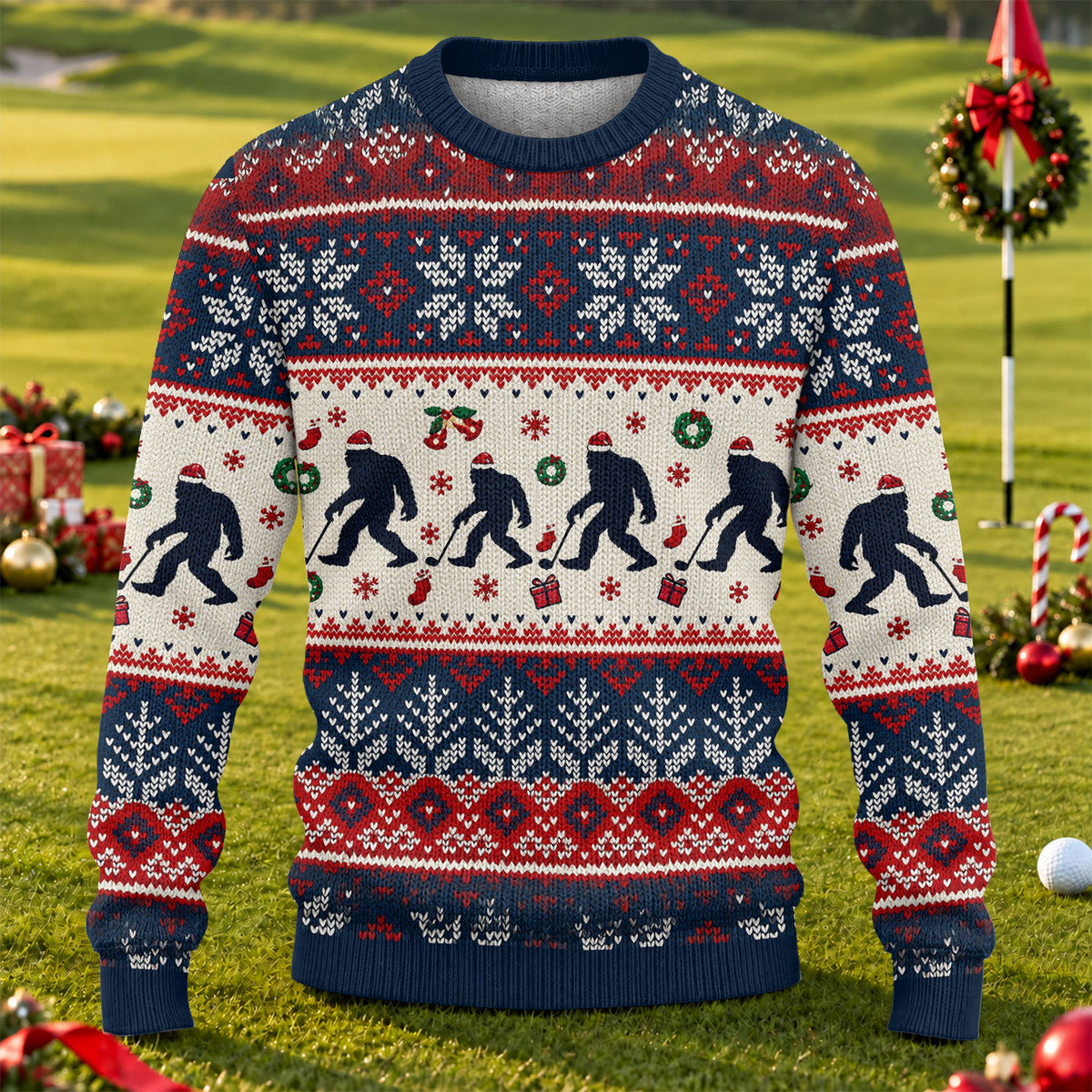 Ugly Christmas Sweater Bigfoot Santa, Christmas Golf Gift, Funny Holiday Sweater