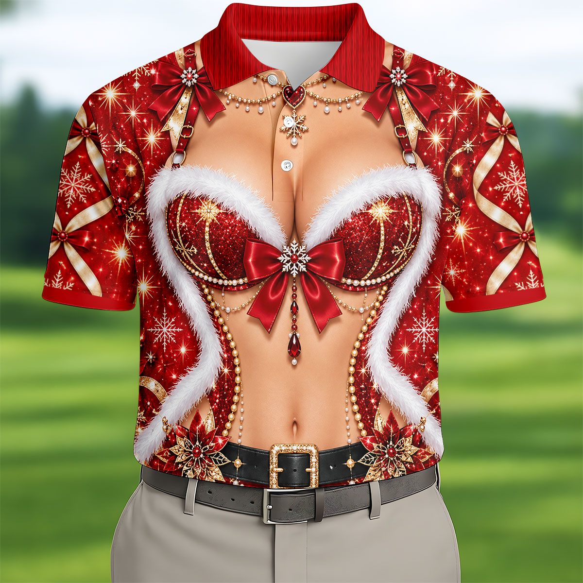Glitter Santa Bra Fur Trim Christmas Golf Shirt, Mens Golf Shirts, Mens Golf Apparel
