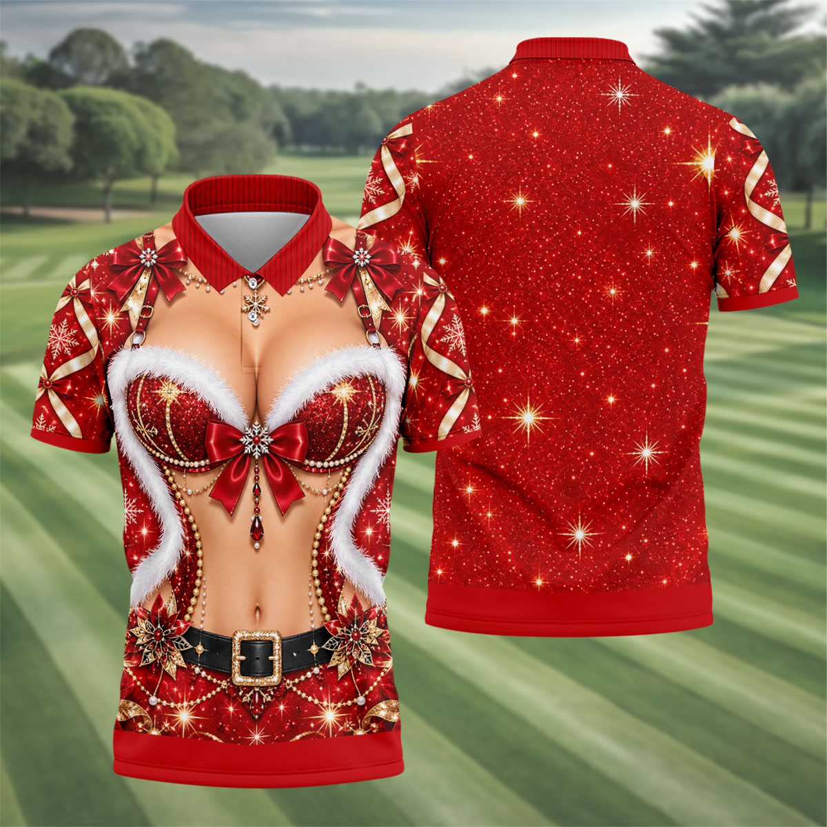 Glitter Santa Bra Fur Trim Christmas Golf Shirt, Mens Golf Shirts, Mens Golf Apparel