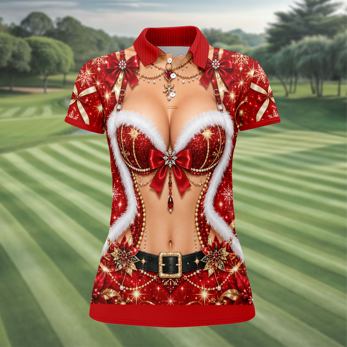 Glitter Santa Bra Fur Trim Christmas Golf Shirt, Ladies Golf Shirts, Womens Golf Tops
