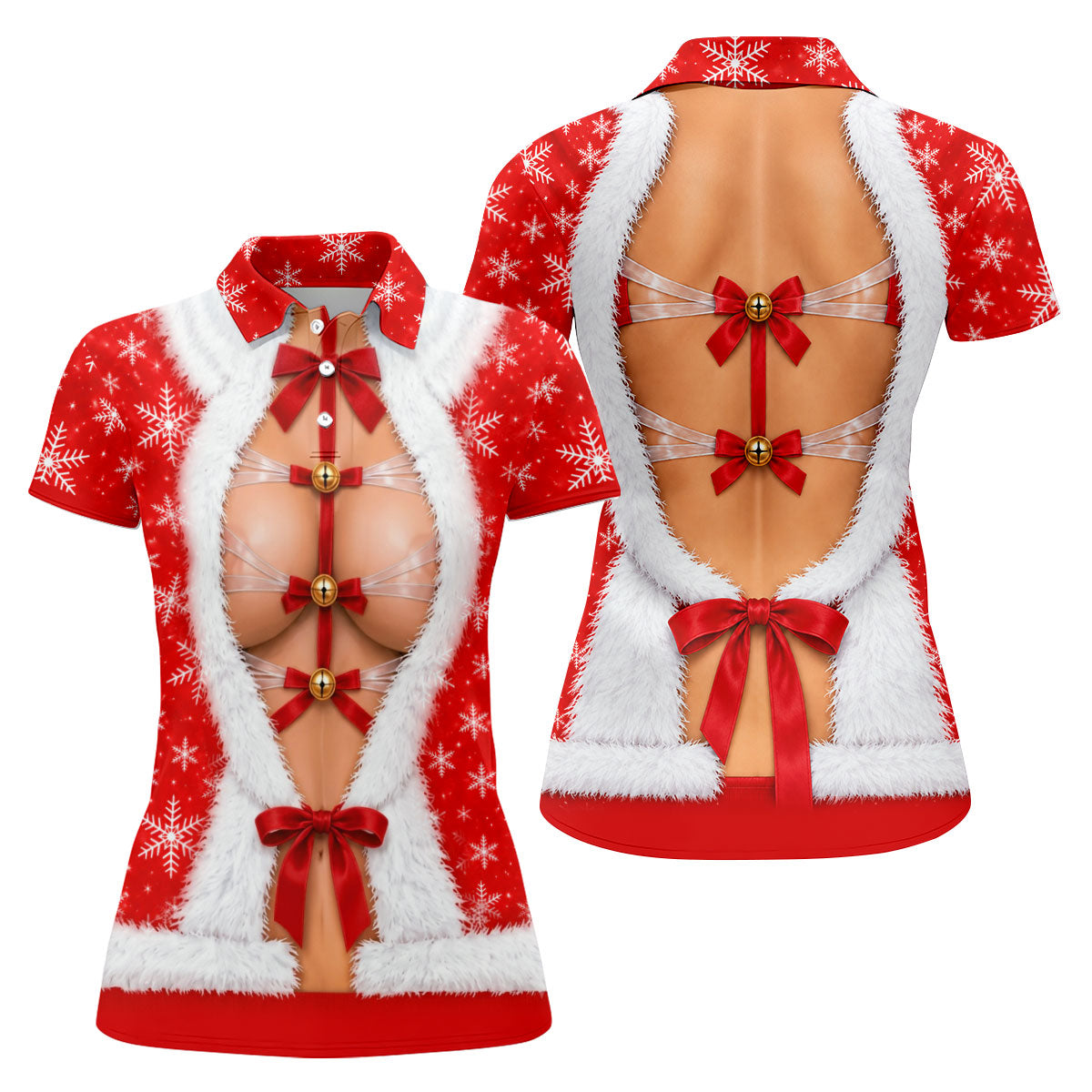 Ribbon Bells Busty Santa Christmas Golf Shirt, Womens Golf Clothing, Ladies Golf Tops