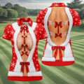 Ribbon Bells Busty Santa Christmas Golf Shirt, Womens Golf Clothing, Ladies Golf Tops