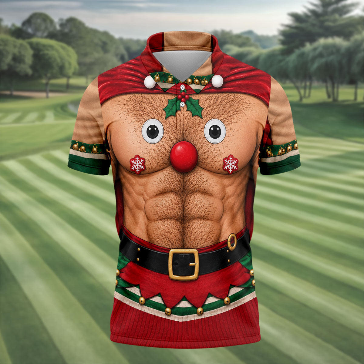 Reindeer Hairy Chest Abs Christmas Golf Shirt, Golf Shirts For Men, Mens Golf Shirts